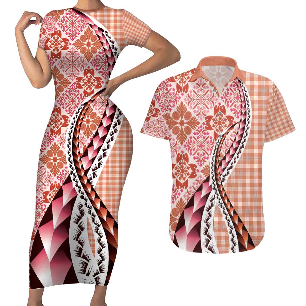 Aloha Vintage Palaka Floral Hawaiian Quilt Couples Matching Short Sleeve Bodycon Dress and Hawaiian Shirt Ulaula Motif - Polynesian Pride