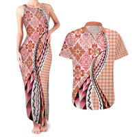 Aloha Vintage Palaka Floral Hawaiian Quilt Couples Matching Tank Maxi Dress and Hawaiian Shirt Ulaula Motif - Polynesian Pride