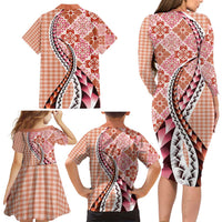 Aloha Vintage Palaka Floral Hawaiian Quilt Family Matching Long Sleeve Bodycon Dress and Hawaiian Shirt Ulaula Motif - Polynesian Pride