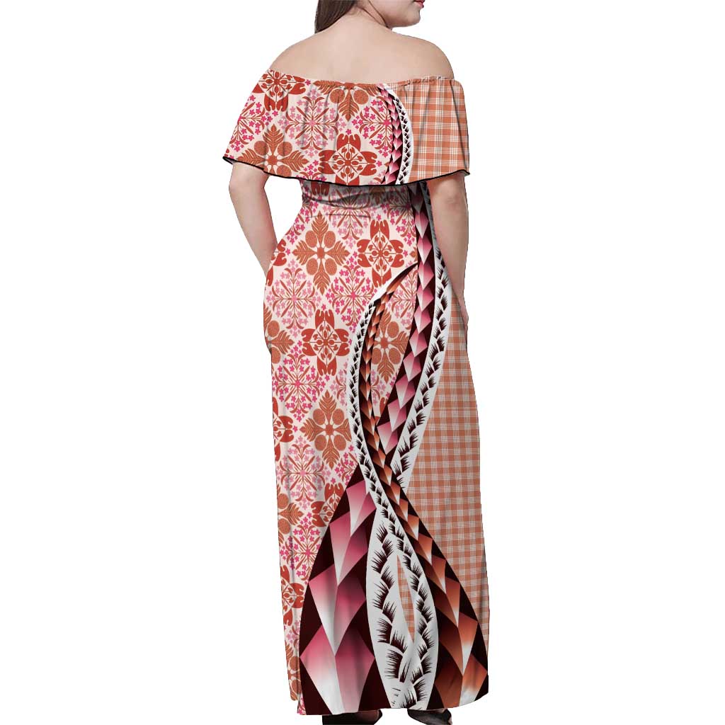 Aloha Vintage Palaka Floral Hawaiian Quilt Off Shoulder Maxi Dress Ulaula Motif - Polynesian Pride