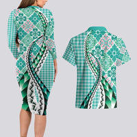 Aloha Vintage Palaka Floral Hawaiian Quilt Couples Matching Long Sleeve Bodycon Dress and Hawaiian Shirt Polu Motif - Polynesian Pride