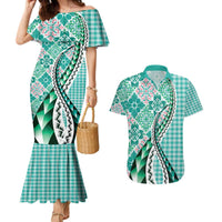 Aloha Vintage Palaka Floral Hawaiian Quilt Couples Matching Mermaid Dress and Hawaiian Shirt Polu Motif - Polynesian Pride