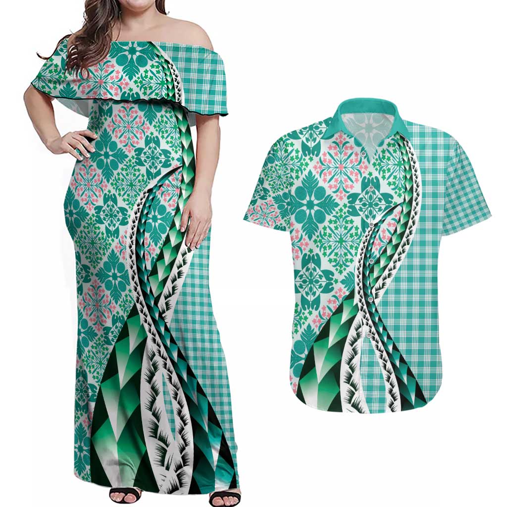Aloha Vintage Palaka Floral Hawaiian Quilt Couples Matching Off Shoulder Maxi Dress and Hawaiian Shirt Polu Motif - Polynesian Pride