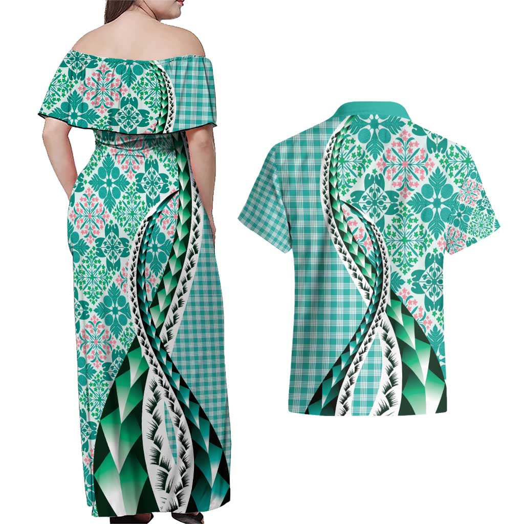 Aloha Vintage Palaka Floral Hawaiian Quilt Couples Matching Off Shoulder Maxi Dress and Hawaiian Shirt Polu Motif - Polynesian Pride