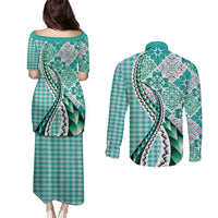 Aloha Vintage Palaka Floral Hawaiian Quilt Couples Matching Puletasi and Long Sleeve Button Shirt Polu Motif - Polynesian Pride