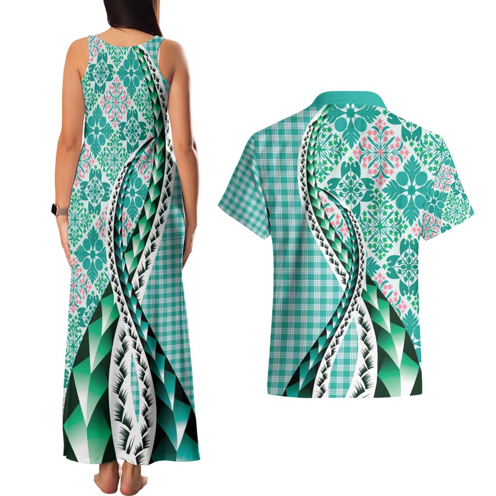 Aloha Vintage Palaka Floral Hawaiian Quilt Couples Matching Tank Maxi Dress and Hawaiian Shirt Polu Motif - Polynesian Pride