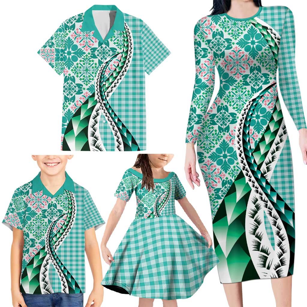 Aloha Vintage Palaka Floral Hawaiian Quilt Family Matching Long Sleeve Bodycon Dress and Hawaiian Shirt Polu Motif - Polynesian Pride