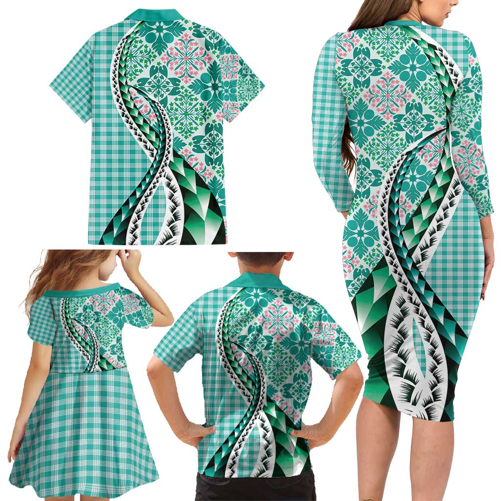 Aloha Vintage Palaka Floral Hawaiian Quilt Family Matching Long Sleeve Bodycon Dress and Hawaiian Shirt Polu Motif - Polynesian Pride
