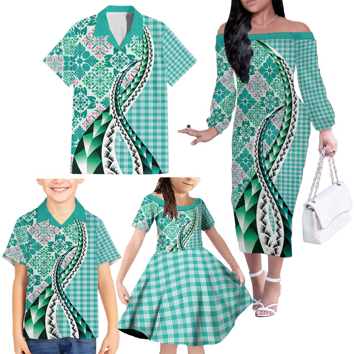 Aloha Vintage Palaka Floral Hawaiian Quilt Family Matching Off The Shoulder Long Sleeve Dress and Hawaiian Shirt Polu Motif - Polynesian Pride