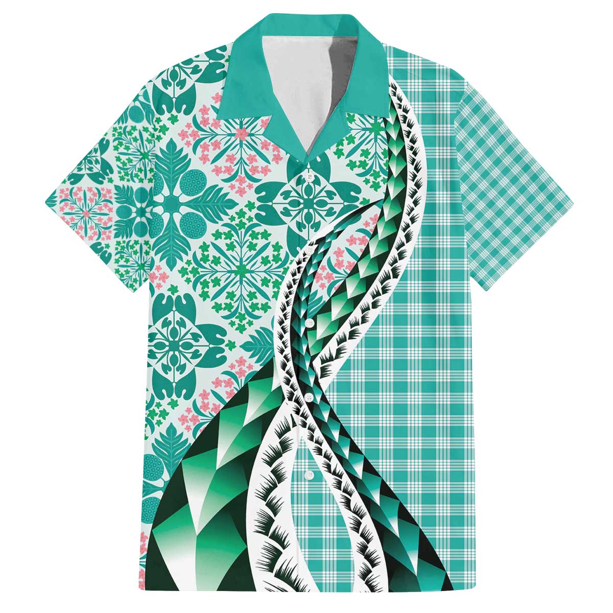 Aloha Vintage Palaka Floral Hawaiian Quilt Family Matching Off The Shoulder Long Sleeve Dress and Hawaiian Shirt Polu Motif - Polynesian Pride