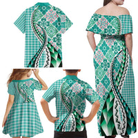 Aloha Vintage Palaka Floral Hawaiian Quilt Family Matching Off Shoulder Maxi Dress and Hawaiian Shirt Polu Motif - Polynesian Pride