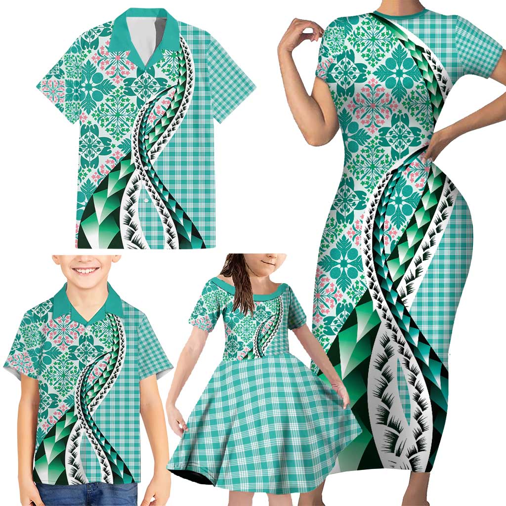 Aloha Vintage Palaka Floral Hawaiian Quilt Family Matching Short Sleeve Bodycon Dress and Hawaiian Shirt Polu Motif - Polynesian Pride