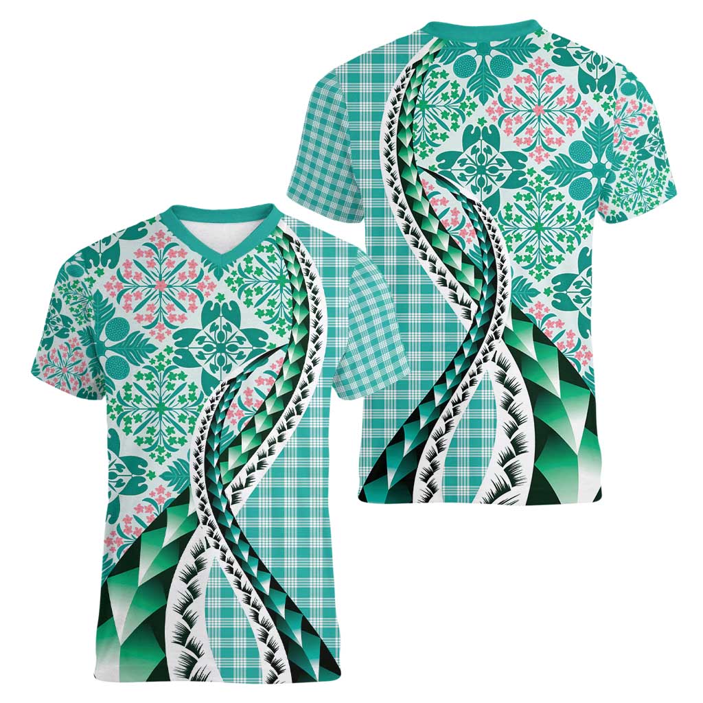 Aloha Vintage Palaka Floral Hawaiian Quilt Women V-Neck T-Shirt Polu Motif - Polynesian Pride