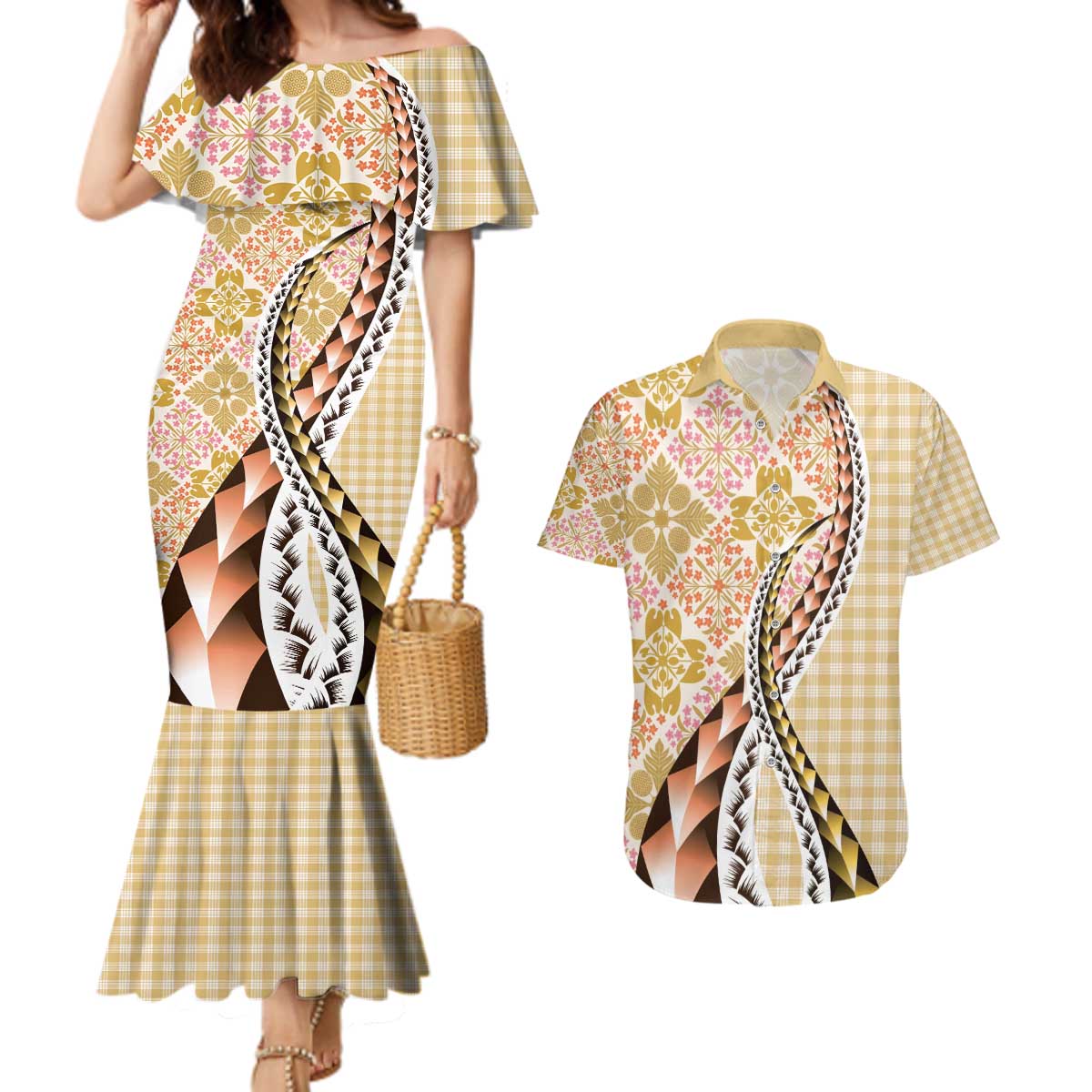 Aloha Vintage Palaka Floral Hawaiian Quilt Couples Matching Mermaid Dress and Hawaiian Shirt Melemele Motif - Polynesian Pride