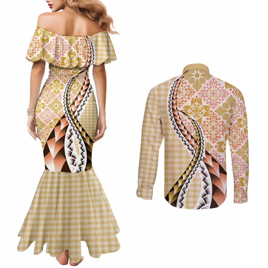 Aloha Vintage Palaka Floral Hawaiian Quilt Couples Matching Mermaid Dress and Long Sleeve Button Shirt Melemele Motif - Polynesian Pride