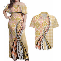 Aloha Vintage Palaka Floral Hawaiian Quilt Couples Matching Off Shoulder Maxi Dress and Hawaiian Shirt Melemele Motif - Polynesian Pride