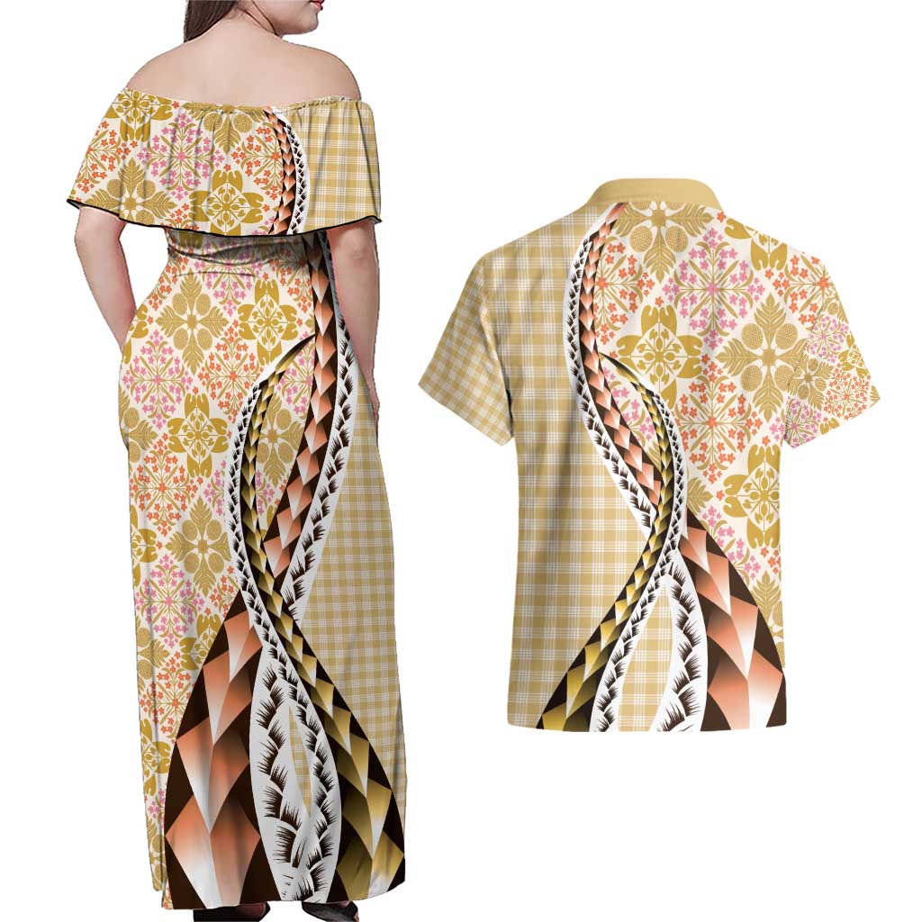 Aloha Vintage Palaka Floral Hawaiian Quilt Couples Matching Off Shoulder Maxi Dress and Hawaiian Shirt Melemele Motif - Polynesian Pride