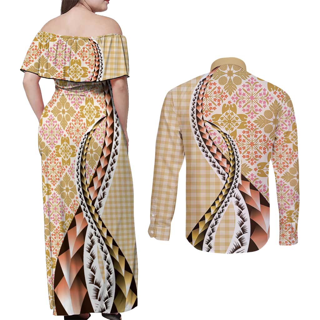 Aloha Vintage Palaka Floral Hawaiian Quilt Couples Matching Off Shoulder Maxi Dress and Long Sleeve Button Shirt Melemele Motif - Polynesian Pride