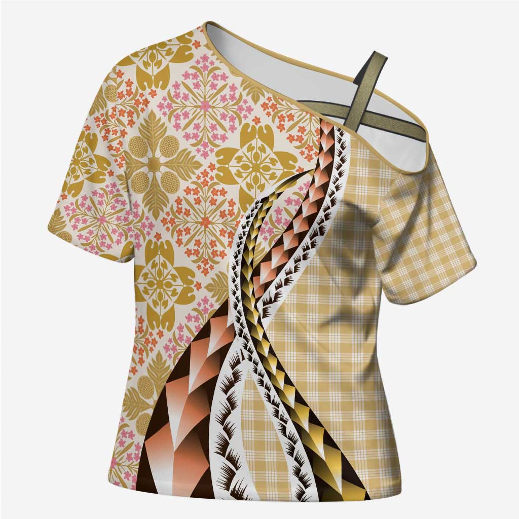 Aloha Vintage Palaka Floral Hawaiian Quilt Cross Shoulder Shirt Melemele Motif - Polynesian Pride