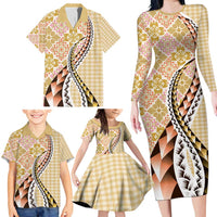 Aloha Vintage Palaka Floral Hawaiian Quilt Family Matching Long Sleeve Bodycon Dress and Hawaiian Shirt Melemele Motif - Polynesian Pride