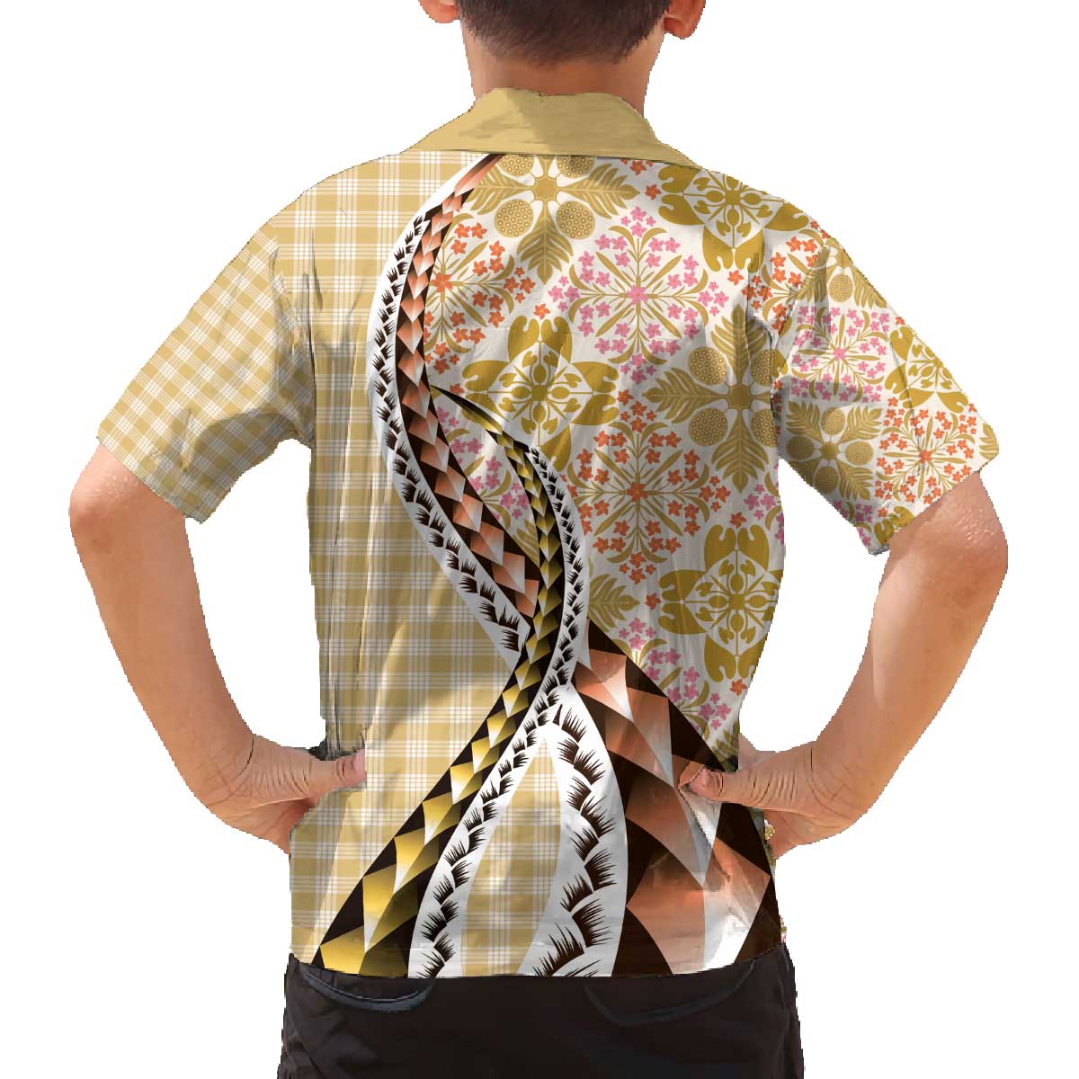 Aloha Vintage Palaka Floral Hawaiian Quilt Family Matching Off The Shoulder Long Sleeve Dress and Hawaiian Shirt Melemele Motif - Polynesian Pride