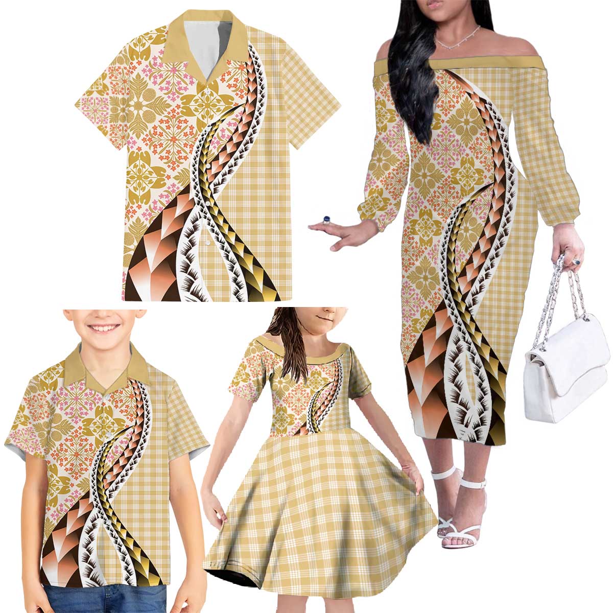 Aloha Vintage Palaka Floral Hawaiian Quilt Family Matching Off The Shoulder Long Sleeve Dress and Hawaiian Shirt Melemele Motif - Polynesian Pride