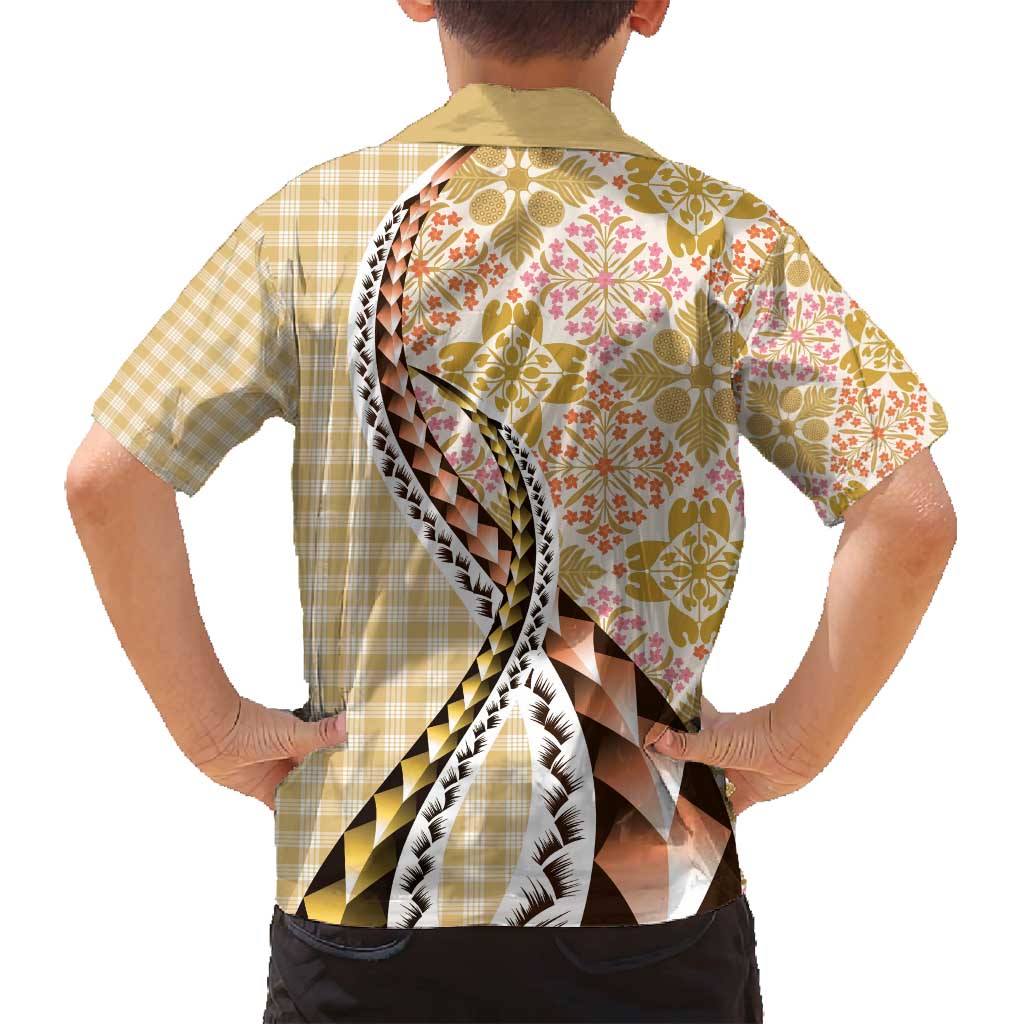 Aloha Vintage Palaka Floral Hawaiian Quilt Family Matching Off Shoulder Short Dress and Hawaiian Shirt Melemele Motif - Polynesian Pride