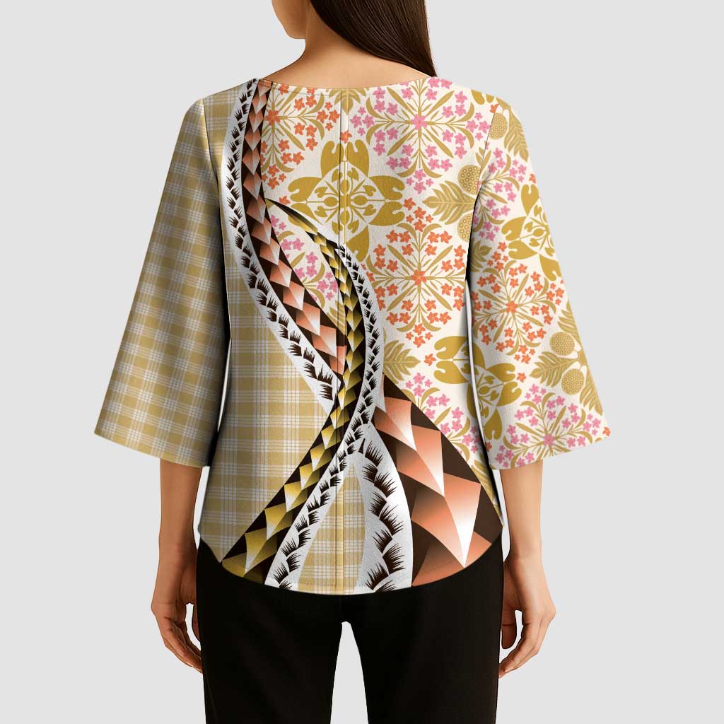 Aloha Vintage Palaka Floral Hawaiian Quilt Kimono Sleeve Blouse Melemele Motif - Polynesian Pride