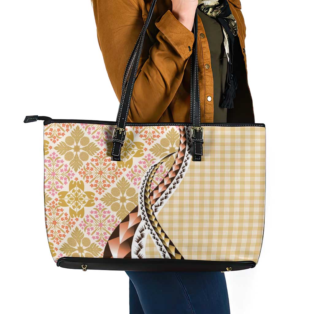 Aloha Vintage Palaka Floral Hawaiian Quilt Leather Tote Bag Melemele Motif - Polynesian Pride