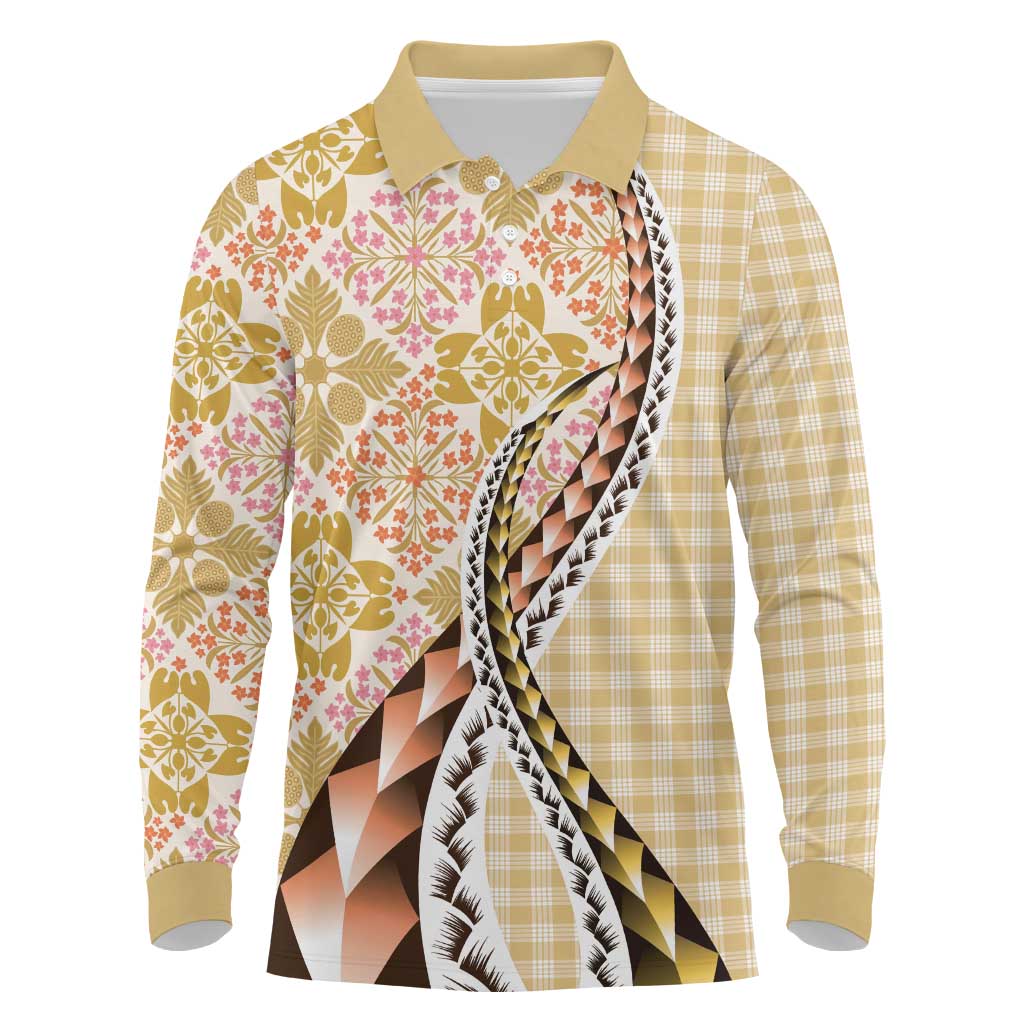 Aloha Vintage Palaka Floral Hawaiian Quilt Long Sleeve Polo Shirt Melemele Motif - Polynesian Pride