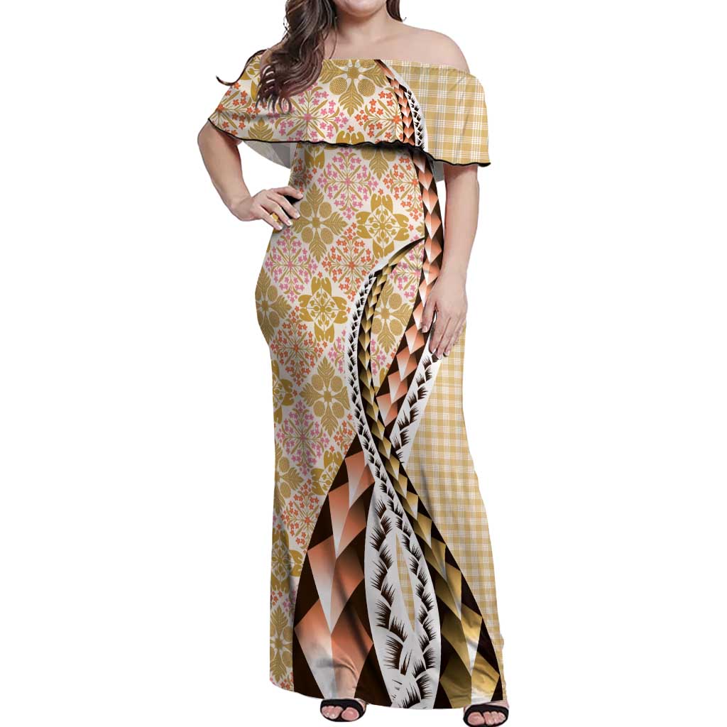 Aloha Vintage Palaka Floral Hawaiian Quilt Off Shoulder Maxi Dress Melemele Motif - Polynesian Pride