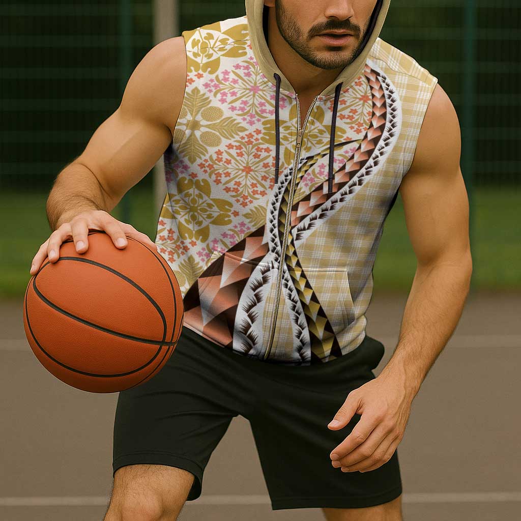 Aloha Vintage Palaka Floral Hawaiian Quilt Sleeveless Zip Hoodie Melemele Motif - Polynesian Pride