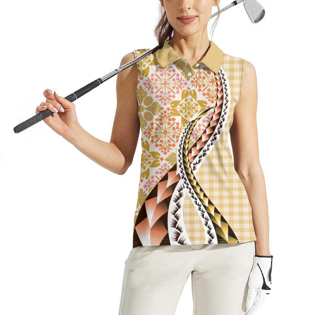 Aloha Vintage Palaka Floral Hawaiian Quilt Women Sleeveless Polo Shirt Melemele Motif - Polynesian Pride