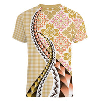 Aloha Vintage Palaka Floral Hawaiian Quilt Women V-Neck T-Shirt Melemele Motif - Polynesian Pride