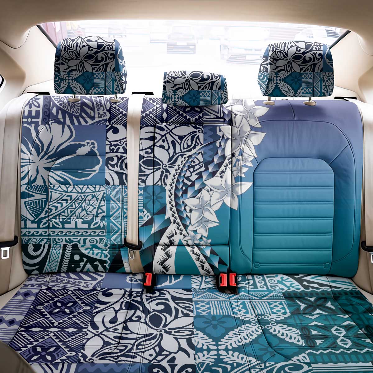 Aloha Vintage Plumeria Hawaiian Tapa Pattern Back Car Seat Cover Blue Hawaiian Tapa Pattern - Polynesian Pride