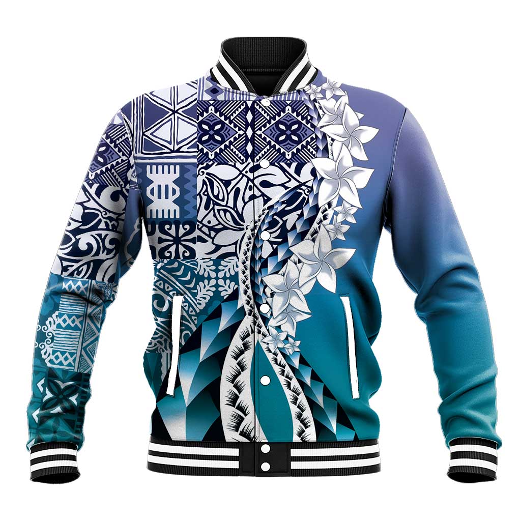 Aloha Vintage Plumeria Hawaiian Tapa Pattern Baseball Jacket Blue Hawaiian Tapa Pattern LT9 Unisex Blue - Polynesian Pride