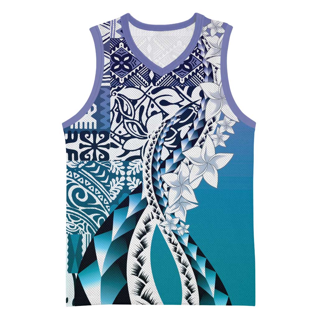 Aloha Vintage Plumeria Hawaiian Tapa Pattern Basketball Jersey Blue Hawaiian Tapa Pattern LT9 Unisex Blue - Polynesian Pride