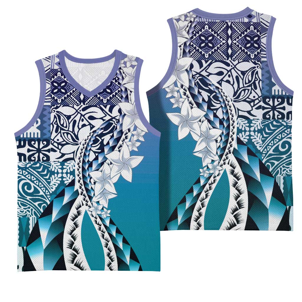 Aloha Vintage Plumeria Hawaiian Tapa Pattern Basketball Jersey Blue Hawaiian Tapa Pattern LT9 - Polynesian Pride