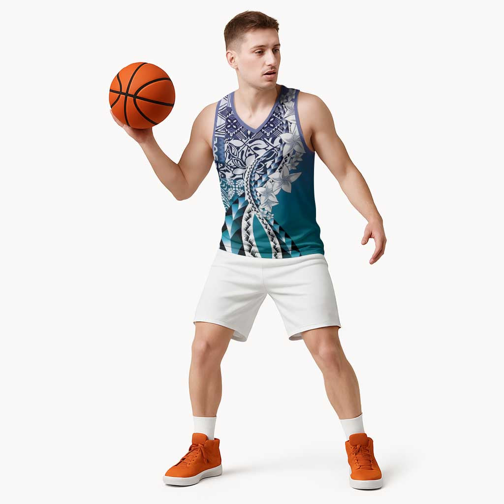 Aloha Vintage Plumeria Hawaiian Tapa Pattern Basketball Jersey Blue Hawaiian Tapa Pattern LT9 - Polynesian Pride