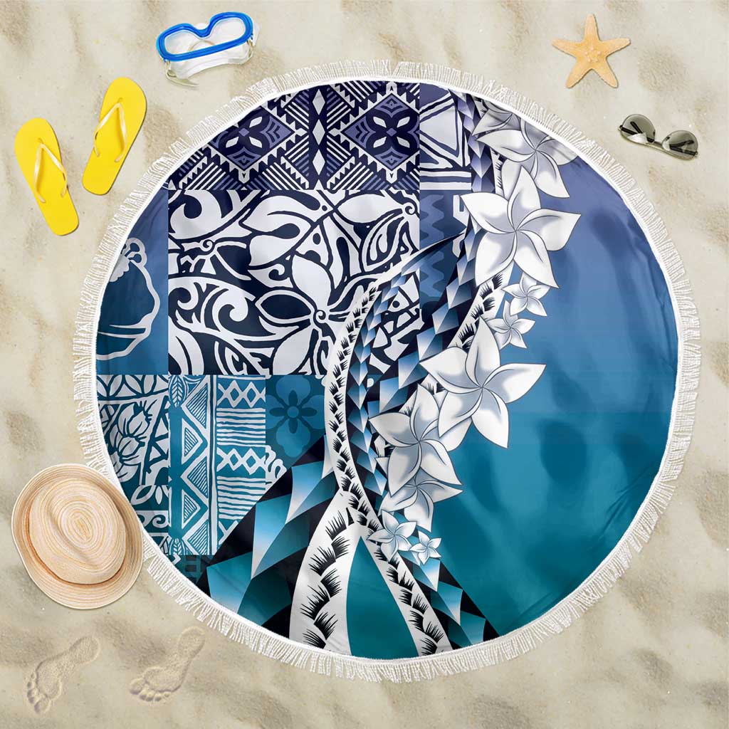 Aloha Vintage Plumeria Hawaiian Tapa Pattern Beach Blanket Blue Hawaiian Tapa Pattern LT9 One Size 150cm Blue - Polynesian Pride