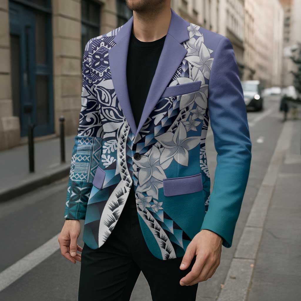 Aloha Vintage Plumeria Hawaiian Tapa Pattern Blazer Blue Hawaiian Tapa Pattern LT9 - Polynesian Pride
