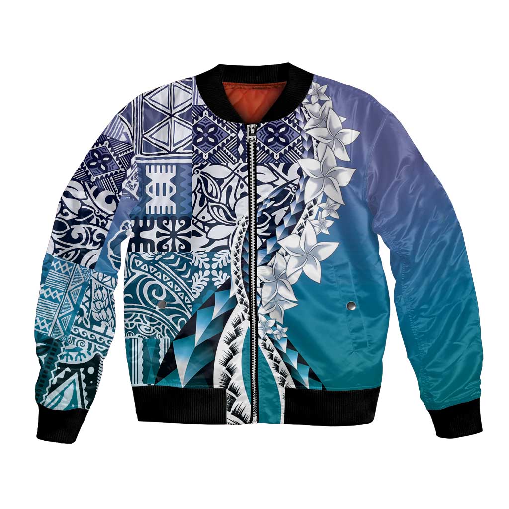 Aloha Vintage Plumeria Hawaiian Tapa Pattern Bomber Jacket Blue Hawaiian Tapa Pattern - Polynesian Pride