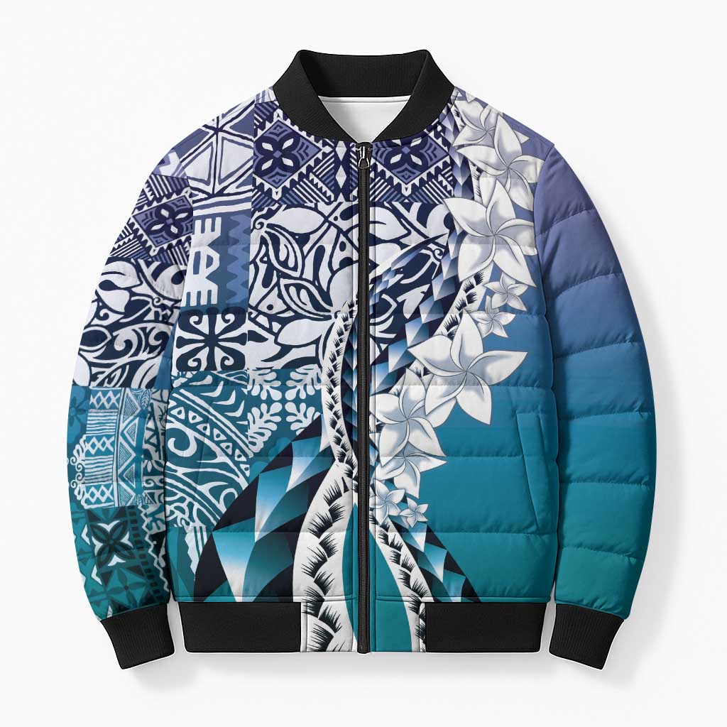 Aloha Vintage Plumeria Hawaiian Tapa Pattern Bomber Puffer Jacket Blue Hawaiian Tapa Pattern LT9 Unisex Blue - Polynesian Pride