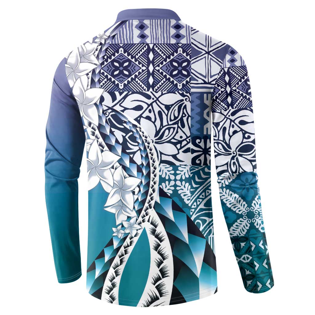 Aloha Vintage Plumeria Hawaiian Tapa Pattern Button Sweatshirt Blue Hawaiian Tapa Pattern LT9 - Polynesian Pride