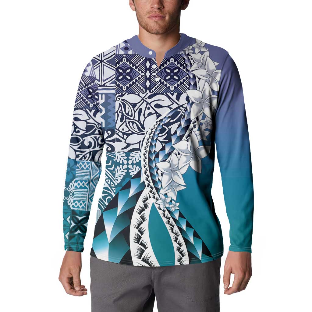 Aloha Vintage Plumeria Hawaiian Tapa Pattern Button Sweatshirt Blue Hawaiian Tapa Pattern LT9 - Polynesian Pride