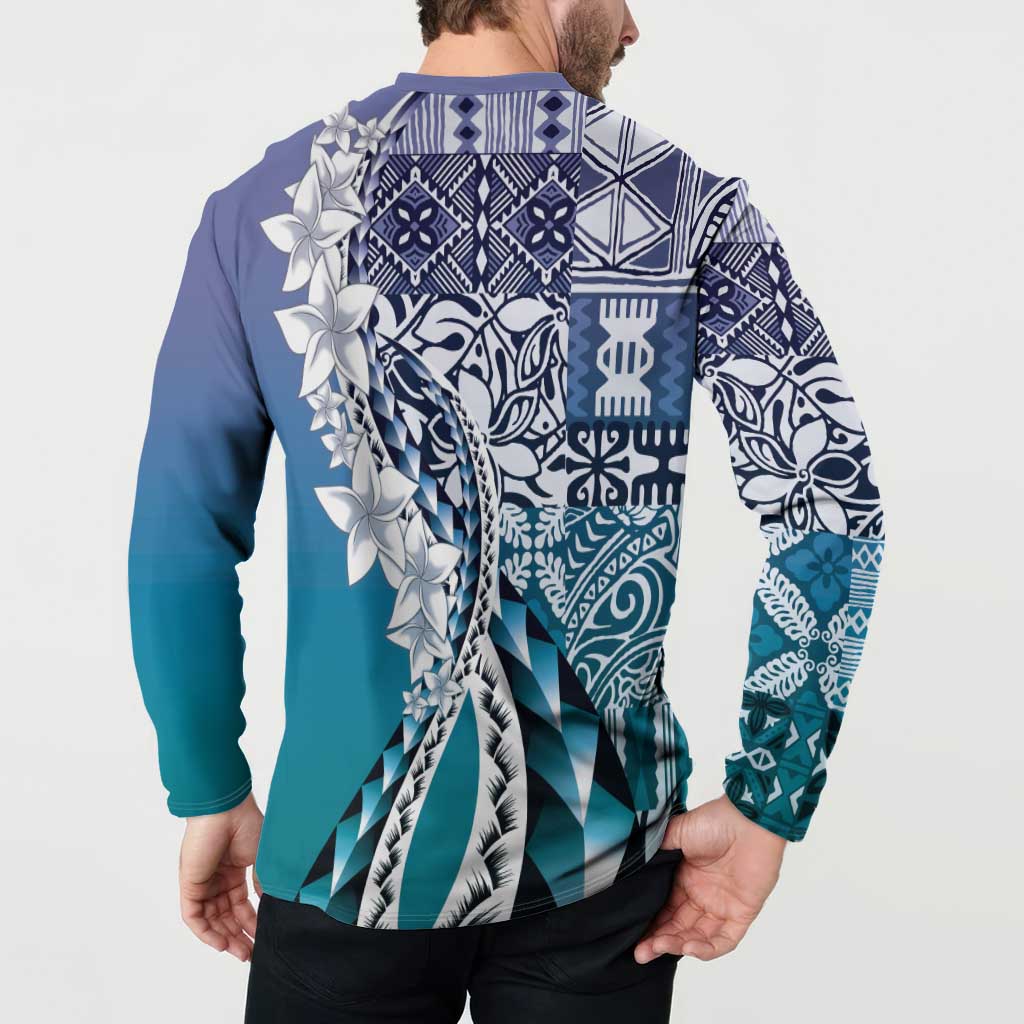 Aloha Vintage Plumeria Hawaiian Tapa Pattern Button Sweatshirt Blue Hawaiian Tapa Pattern LT9 - Polynesian Pride