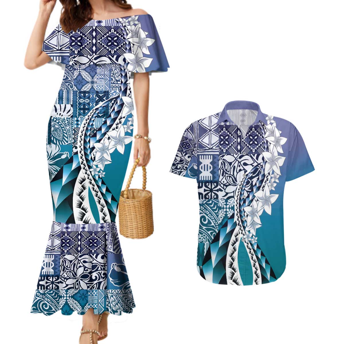 Aloha Vintage Plumeria Hawaiian Tapa Pattern Couples Matching Mermaid Dress and Hawaiian Shirt Blue Hawaiian Tapa Pattern - Polynesian Pride