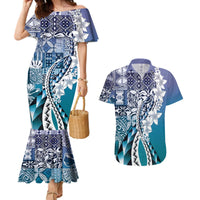 Aloha Vintage Plumeria Hawaiian Tapa Pattern Couples Matching Mermaid Dress and Hawaiian Shirt Blue Hawaiian Tapa Pattern - Polynesian Pride