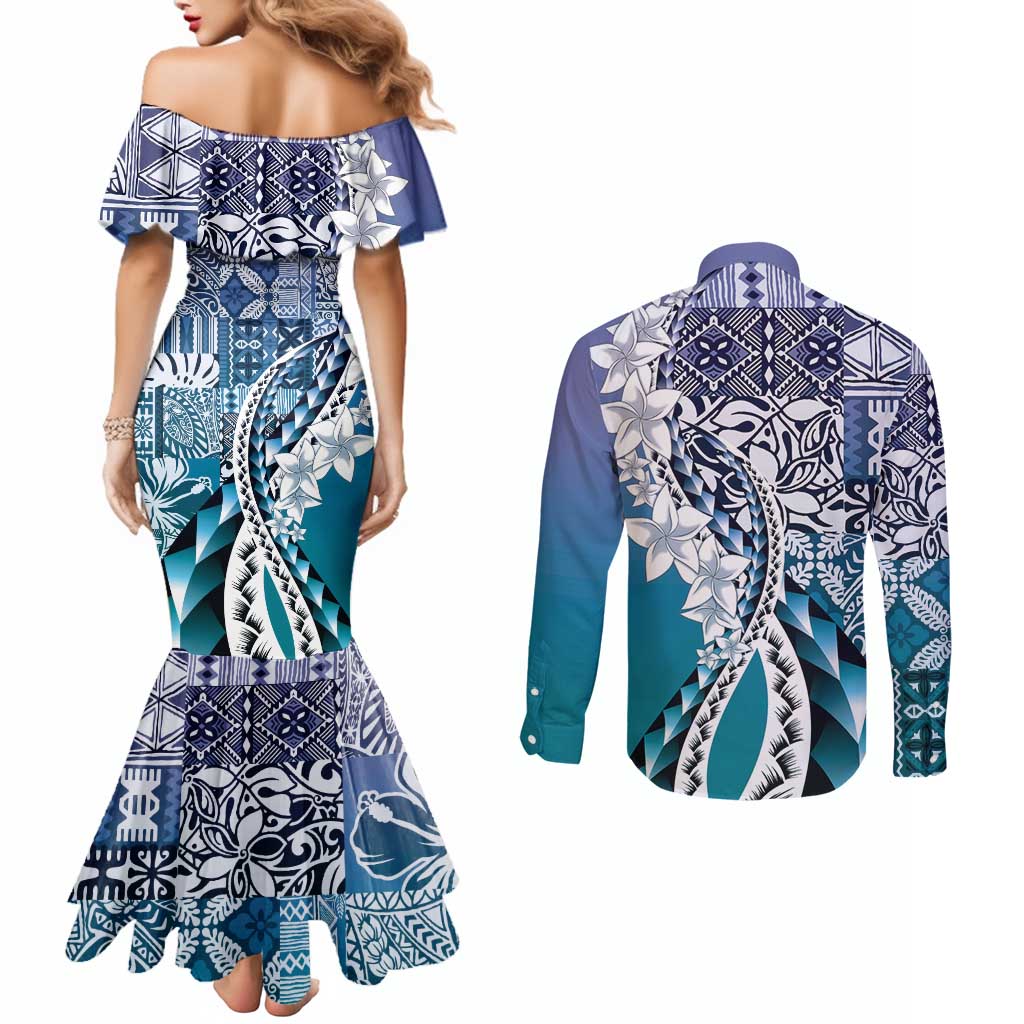 Aloha Vintage Plumeria Hawaiian Tapa Pattern Couples Matching Mermaid Dress and Long Sleeve Button Shirt Blue Hawaiian Tapa Pattern - Polynesian Pride