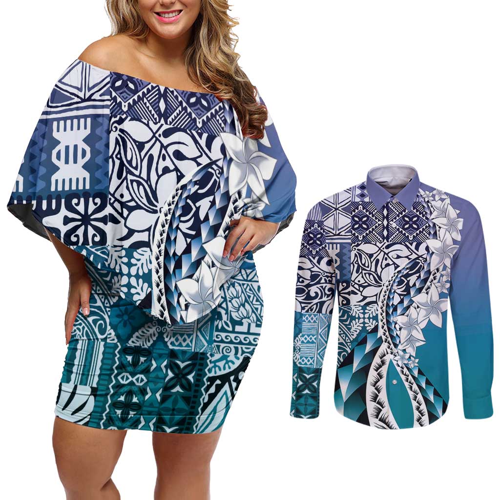Aloha Vintage Plumeria Hawaiian Tapa Pattern Couples Matching Off Shoulder Short Dress and Long Sleeve Button Shirt Blue Hawaiian Tapa Pattern - Polynesian Pride